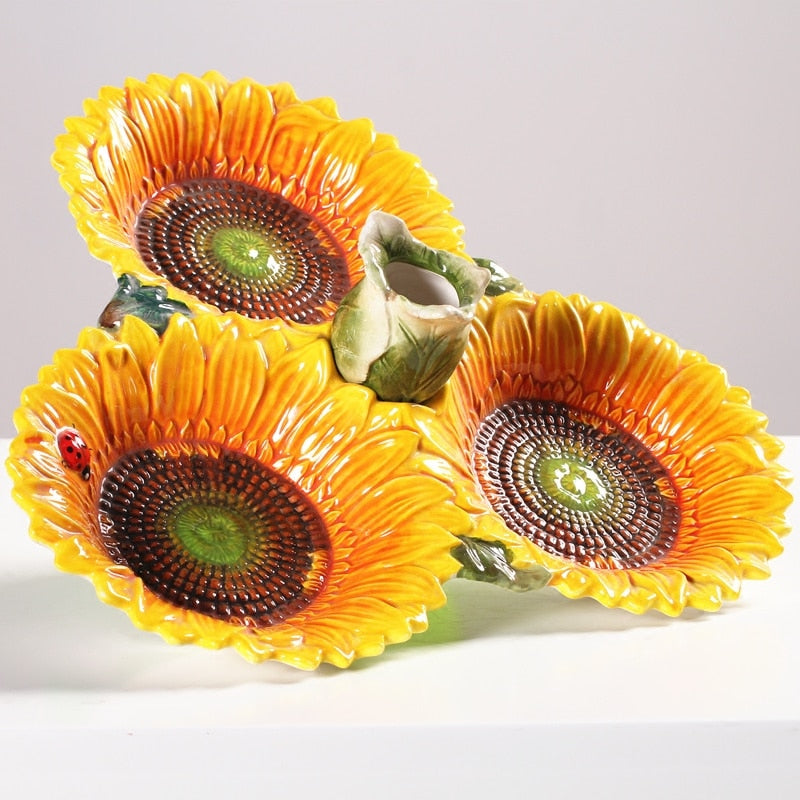 Amoyy Ceramic Sunflower Three lattice Decorative Plate