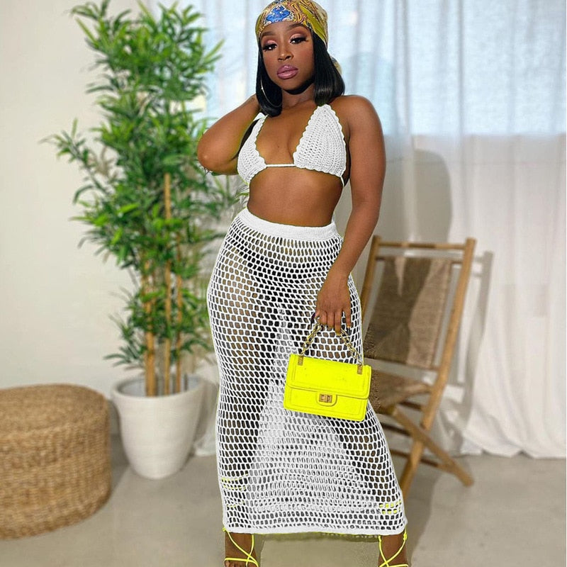 Hand Knitted Hollow Beach Two Piece Set
